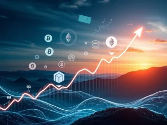 Charts and digital currency symbols illustrate the dramatic increase in US crypto trading volume, reflecting robust crypto market growth.