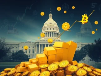 Illustrating the **US government gold theory**, showing gold bars and Bitcoin symbols rising against a backdrop of the US Capitol and debt charts, hinting at a financial revaluation strategy.