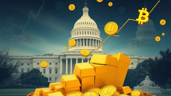 Illustrating the **US government gold theory**, showing gold bars and Bitcoin symbols rising against a backdrop of the US Capitol and debt charts, hinting at a financial revaluation strategy.