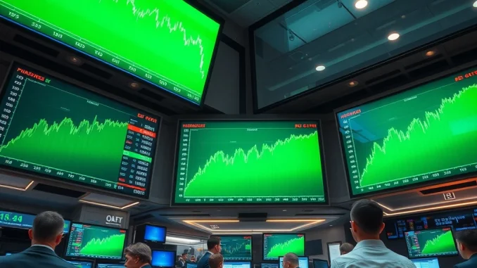Upward trending charts on a trading screen, symbolizing the positive market open for US Stock Indexes including the S&P 500, Nasdaq, and Dow Jones.