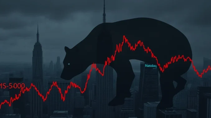 Chart showing the US stock market decline, with red arrows pointing down for S&P 500, Nasdaq, and Dow Jones.