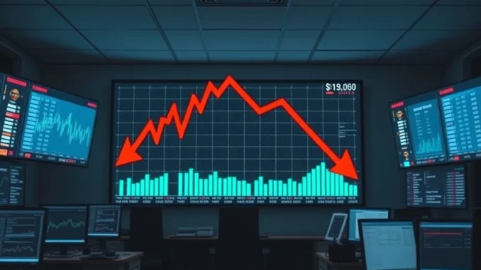 Graph showing the US stock market decline, with red arrows pointing downwards, symbolizing S&P 500, Nasdaq, and Dow Jones closing lower.