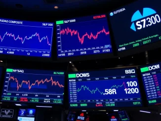 Mixed **US stock market** performance charts for **S&P 500**, **Nasdaq Composite**, and **Dow Jones Industrial Average** illustrate diverse **market trends**.