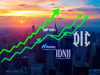 Charts showing the US stock market indexes, S&P 500, Nasdaq, and Dow Jones, all rising at market open, indicating positive investor sentiment.