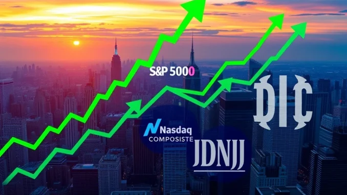 Charts showing the US stock market indexes, S&P 500, Nasdaq, and Dow Jones, all rising at market open, indicating positive investor sentiment.