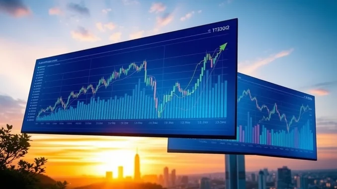 Digital screens displaying rising US stock market charts, reflecting positive market sentiment and economic optimism.