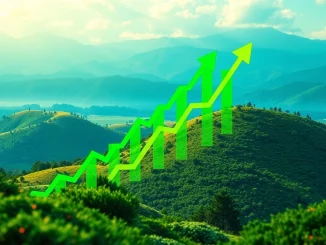 A dynamic upward arrow graphic superimposed over stock market ticker symbols, symbolizing the strong US stock market rally and investor confidence.