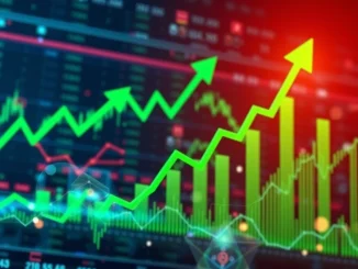 Graph showing a strong **US stock market** surge, with lines for S&P 500, Nasdaq, and Dow Jones climbing significantly.