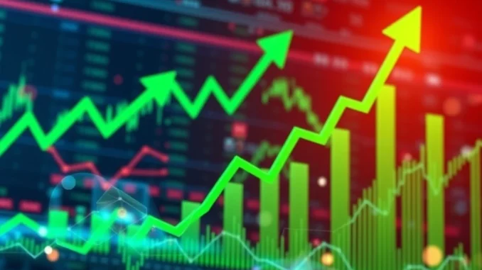 Graph showing a strong **US stock market** surge, with lines for S&P 500, Nasdaq, and Dow Jones climbing significantly.