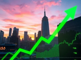 Green arrows rising over a stock market chart, symbolizing the strong performance and significant U.S. stocks closing higher for the day.