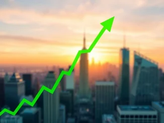 A dynamic financial chart showing green arrows pointing upwards, illustrating the robust US stocks market rally with significant gains across major indexes.