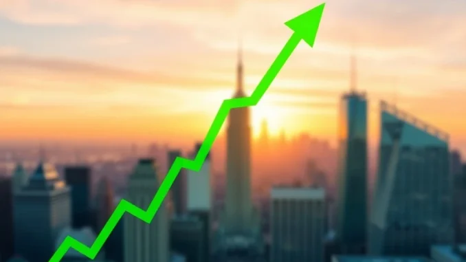 US Stocks Surge: S&P 500, Nasdaq, Dow Jones Open Remarkably Higher A dynamic financial chart showing green arrows pointing upwards, illustrating the robust US stocks market rally with significant gains across major indexes.