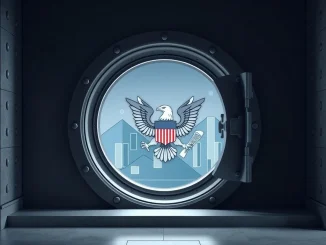 A U.S. Treasury seal on a formidable vault door, symbolizing the government's commitment to ensuring **market stability**.