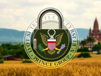 Illustrative image of US Treasury sanctions targeting Prince Group's Bitcoin wallets, symbolizing the crackdown on cryptocurrency fraud.