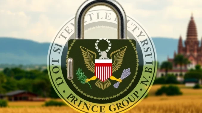 Illustrative image of US Treasury sanctions targeting Prince Group's Bitcoin wallets, symbolizing the crackdown on cryptocurrency fraud.