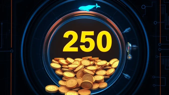 Depiction of 250 million USDC minted, showing digital stablecoin assets flowing into a secure crypto treasury.