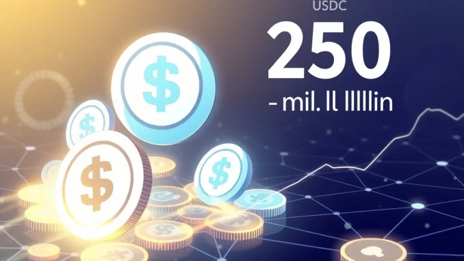 Visualizing a significant USDC minting event, representing 250 million digital dollars entering the crypto stablecoin market.