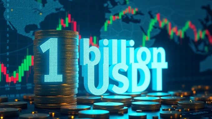 A visual representation of 1 billion USDT minting, showing digital assets flowing into the crypto market, highlighting the significance of this Tether stablecoin event.