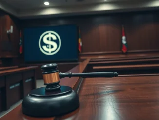 A gavel on a courtroom bench, symbolizing legal consequences for illegal USDT sales in South Korea.