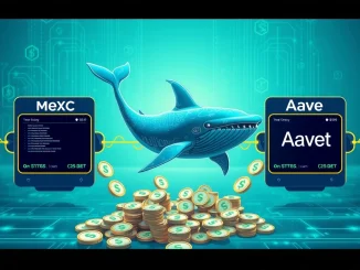 An illustration of a significant USDT transfer of funds between MEXC exchange and Aave DeFi protocol, highlighting a major crypto whale transaction.