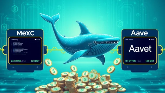An illustration of a significant USDT transfer of funds between MEXC exchange and Aave DeFi protocol, highlighting a major crypto whale transaction.
