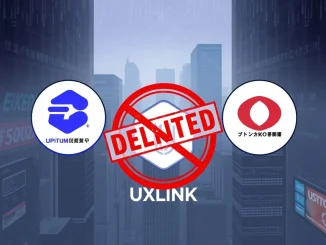 Upbit, Bithumb, and Coinone logos with a red delisting stamp over a UXLINK token, symbolizing the UXLINK delisting.