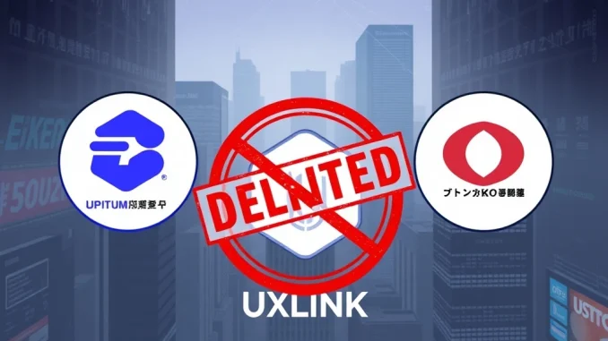 Upbit, Bithumb, and Coinone logos with a red delisting stamp over a UXLINK token, symbolizing the UXLINK delisting.