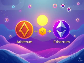 Visual representation of the UXLINK token swap, showing secure data transfer and digital currencies moving between Arbitrum and Ethereum blockchains, symbolizing progress.