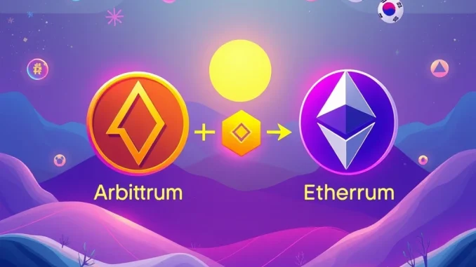 Visual representation of the UXLINK token swap, showing secure data transfer and digital currencies moving between Arbitrum and Ethereum blockchains, symbolizing progress.