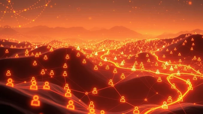 A visual representation of UXLINK's impressive user growth, depicting a network of interconnected users within a vibrant Web3 social platform.