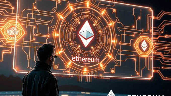 Vitalik Buterin's GKR protocol for ultra-fast proofs visualized as a network of secure, rapidly processing data streams, symbolizing enhanced Ethereum scalability.