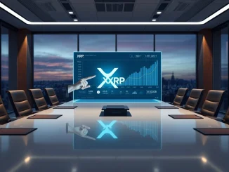 A corporate executive points at a holographic chart showing XRP prices, symbolizing VivoPower's cryptocurrency treasury strategy.