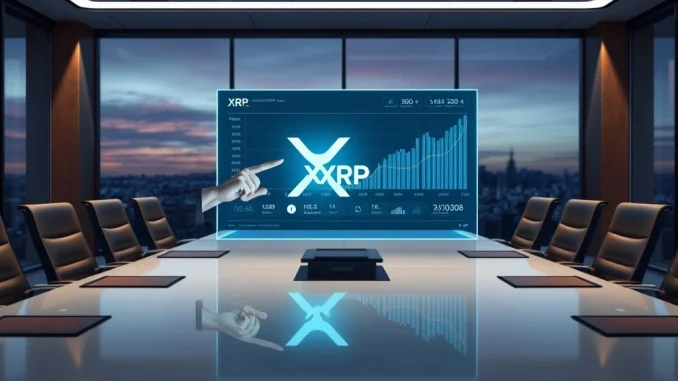 A corporate executive points at a holographic chart showing XRP prices, symbolizing VivoPower's cryptocurrency treasury strategy.