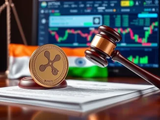 An Indian court gavel rests on legal documents near a WazirX XRP crypto coin, symbolizing user asset protection and cryptocurrency regulation in India.