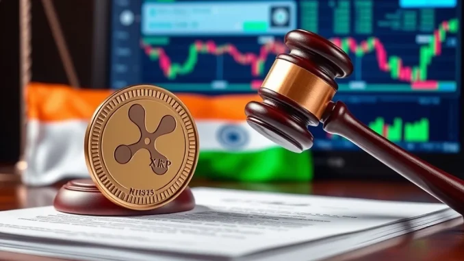 An Indian court gavel rests on legal documents near a WazirX XRP crypto coin, symbolizing user asset protection and cryptocurrency regulation in India.