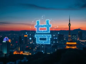 Welcome Savings Bank's initiative for a KRW stablecoin is depicted with digital currency symbols and blockchain visuals.