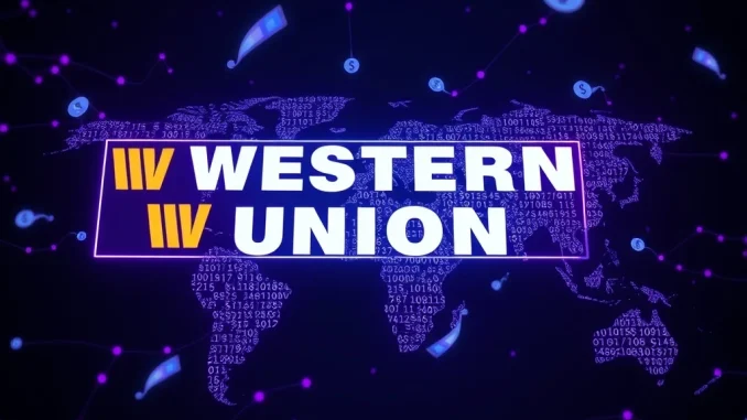 Western Union stablecoin logo with Solana blockchain symbols, representing a secure digital remittance future.