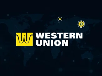 Western Union's logo merging with digital currency symbols, representing their pilot of a stablecoin-based payment system for global transfers.