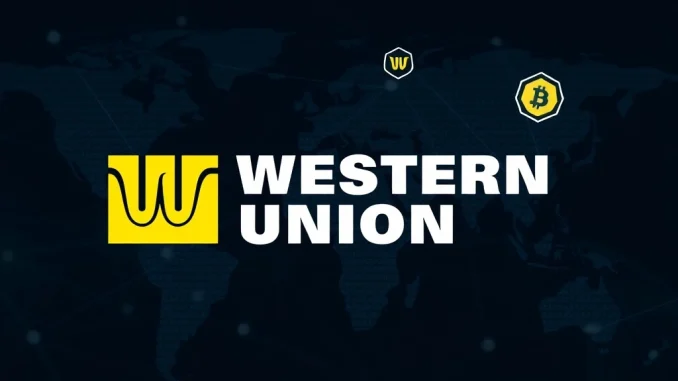 Western Union's logo merging with digital currency symbols, representing their pilot of a stablecoin-based payment system for global transfers.