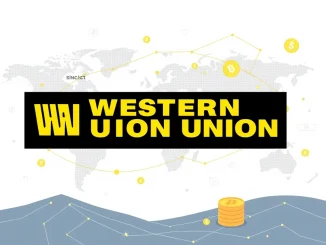 Western Union logo with digital currency icons, symbolizing its WUUSD stablecoin trademark filing and crypto ambitions.
