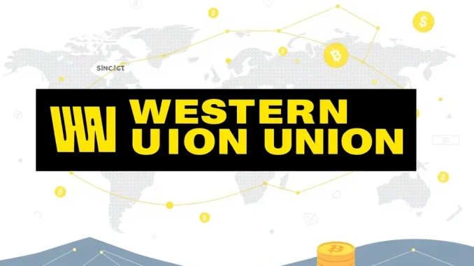 Western Union logo with digital currency icons, symbolizing its WUUSD stablecoin trademark filing and crypto ambitions.