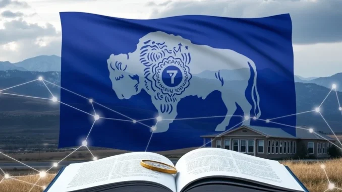 An illustration of the Wyoming state flag overlaid with blockchain network lines, symbolizing the state's pioneering **Wyoming stablecoin** initiative and its impact on education funding.