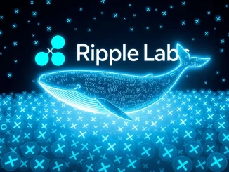 A digital whale overseeing a massive **XRP transfer** of 300 million tokens to Ripple, indicating significant market movement.