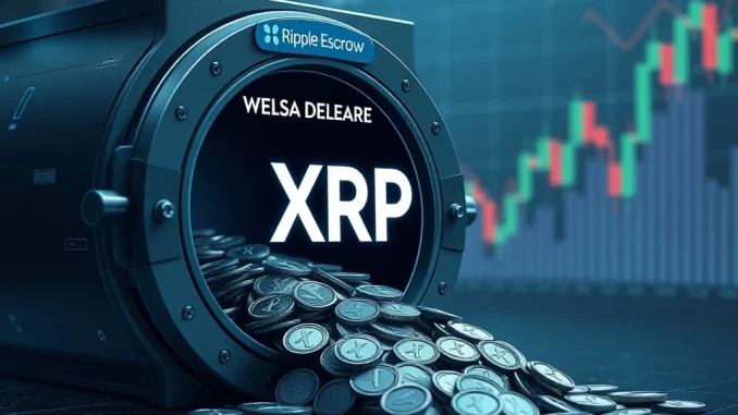 A digital lock opening, symbolizing the 400 million XRP unlock from Ripple's escrow, highlighting its market impact.