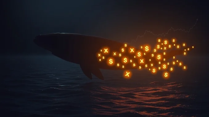 A massive digital whale selling XRP tokens, symbolizing significant XRP whales' token sales in the cryptocurrency market.