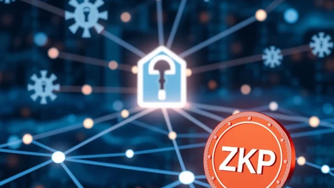 Illustration showing ZKP token at the center of a secure zkPass network, highlighting the zkPass tokenomics for data privacy.