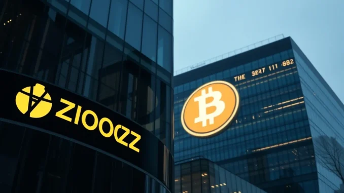 A corporate financial graphic showing ZOOZ's Nasdaq ticker alongside a Bitcoin logo, symbolizing the company's significant **Bitcoin investment** strategy.