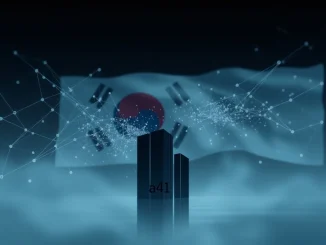 Illustrative image showing the a41 shutdown impacting the South Korean validator market, with elements representing blockchain and SK investment.