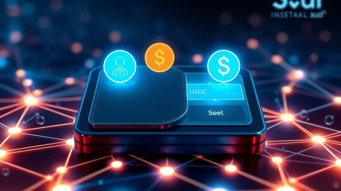 Depicts the future of AI agent payments on Sui, showing secure and instant USDC stablecoin transactions through Beep's innovative protocol.