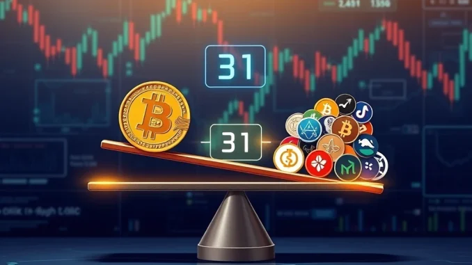 Crucial Insights: Altcoin Season Index at 31 Signals Prevailing Bitcoin Season A digital graphic depicting the Altcoin Season Index at 31, illustrating Bitcoin's current dominance over altcoin performance in the crypto market.
